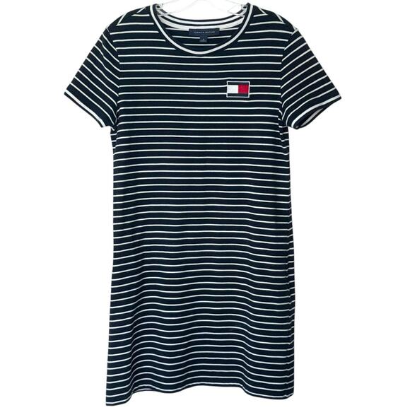 Tommy Hilfiger Striped Shirt Dress Size Medium Logo Casual Size Medium Navy Blue - Picture 1 of 11